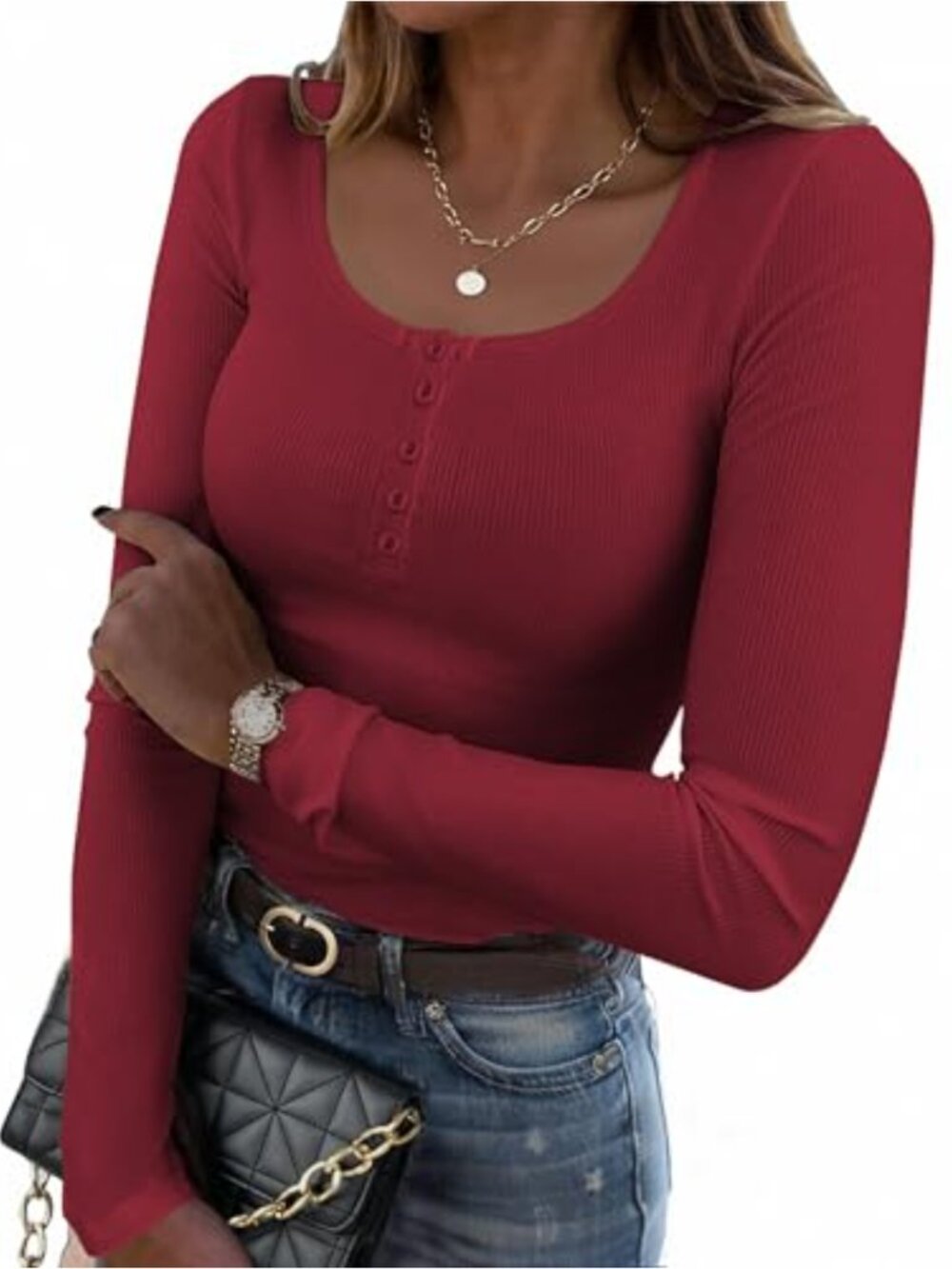 Women's Long Sleeve Square Neck Ribbed Knit Slim Fit Tunic Top